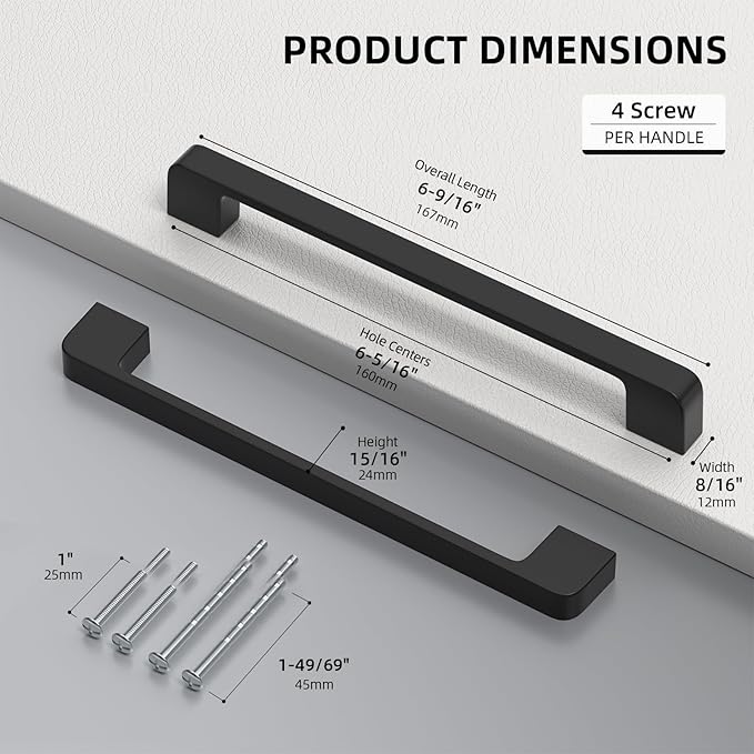 5 Pack 6-5/16 Inch Black Cabinet Pulls Solid Zinc Alloy Matte Black Cabinet Handles - Dresser Drawer Pulls for Kitchen Cabinet Hardware Zinc Alloy Handles