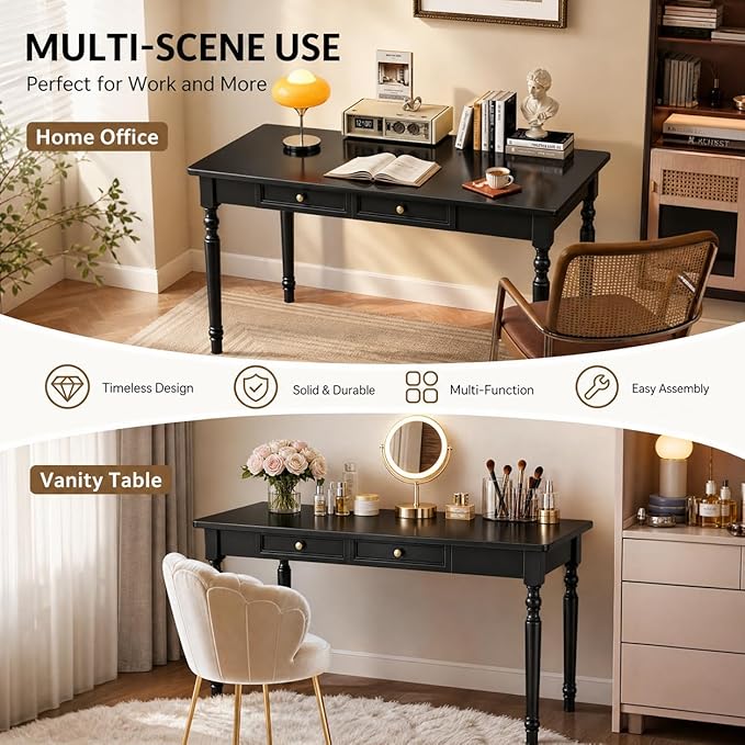 Walnut Writing Desks with Drawers, 47" Solid Wood French Country Style Computer Desk for Home Office, Living Room Study Workspace or Bedroom, Traditional Vanity Dressing Table
