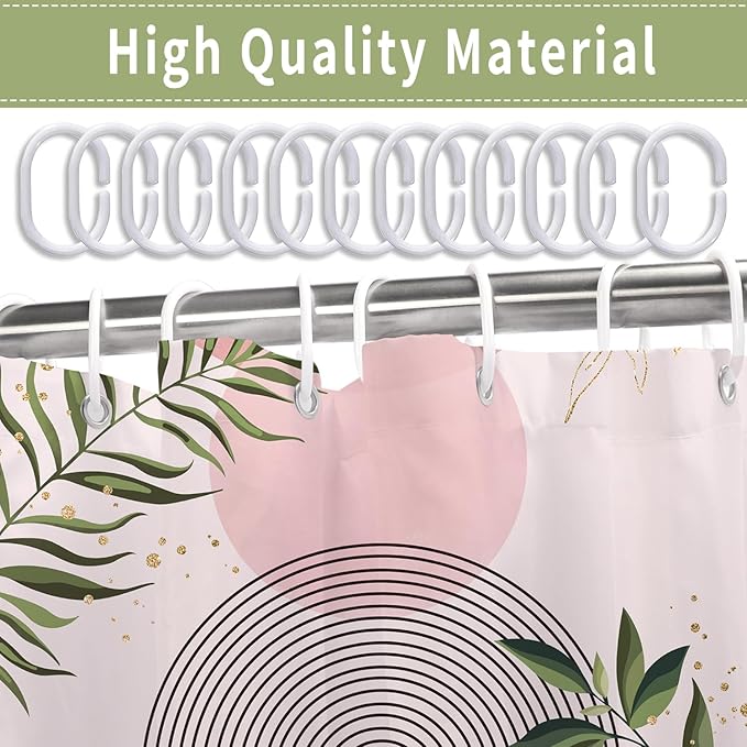 Boho Mid Century Shower Curtain, Pink Modern Minimalist Abstract Geometric Green Gold Plant Leaves Sun Arch Bathroom Curtains Waterproof Fabric Buthtub Curtain Set with Hooks 60" Wx72 L