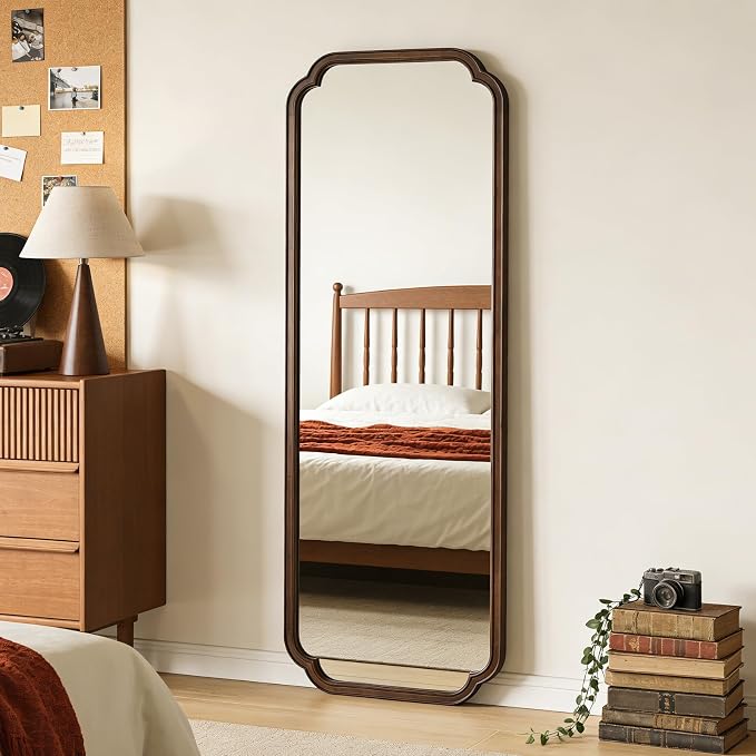 HOMECOOKIN Full Length Mirror Wall Mounted, Rustic Wooden Frame Floor Mirror, Rounded Corner Large Full Body Mirror for Bedroom,Dressing Room， Leaning or Hanging Against Wall (Walnut, 22" L x 65" W)