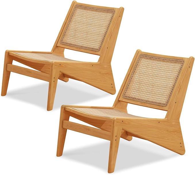 Furlide Rattan Chair 2Pcs, Mid Century Modern Accent Chair, Leisurely Reading Chair for Living Room（Wood）