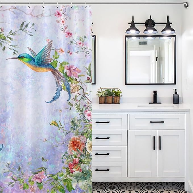 Hummingbird Flower Shower Curtain for Girls,Purple Watercolor Floral Bird Nature Plant Waterproof Shower Curtains for Bathroom Decor 12 Pack Hooks 66x72in（168x183cm）