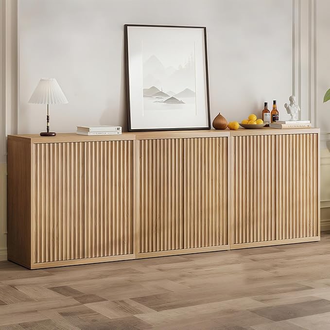 31” Sideboard Cabinet with Storage, Fluted Accent Cabinet with Adjustable Shelves, Modern Wood Credenza Cabinets with Pop-up Doors for Entryway Kitchen Living Room Hallway, Oak 3pcs