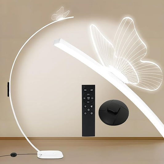 Arched Floor Lamp with Butterfly Design, Adjustable Brightness up to 2000 Lumens, Remote & Pedal Control, 3 Light Settings Standing Lamp for Living Room, Bedroom, Office (White)
