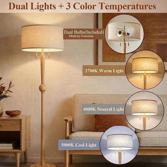 MOFFE 62.8" Solid Wood Floor Lamp,Tall Standing Floor Lamp with 2-Light Pull Chain, 17" Linen Drum Shade, Sculptural Wood Base & Stem,Transitional Floor Lamp for Living Room Bedroom, Includes 2 Bulbs