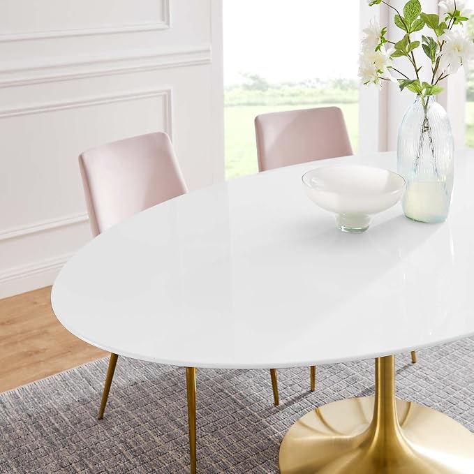 Modway Lippa 78" Oval-Shaped Mid-Century Modern Dining Table with White Wood Top and Gold Base
