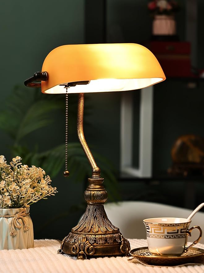 Vintage Amber Glass Bankers Desk Lamp for Home Office,Library with Pull Chain Switch Plug in Fixture, LED Bulb Included