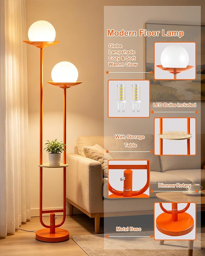 Orange Dimmable Double Globe Floor Lamp with Shelf, 63" 2-Light Mid Century Modern Standing Lamp for Living Room Bedroom, 3000K Warm White Tall Pole Lamp with Foot Switch for Home Office