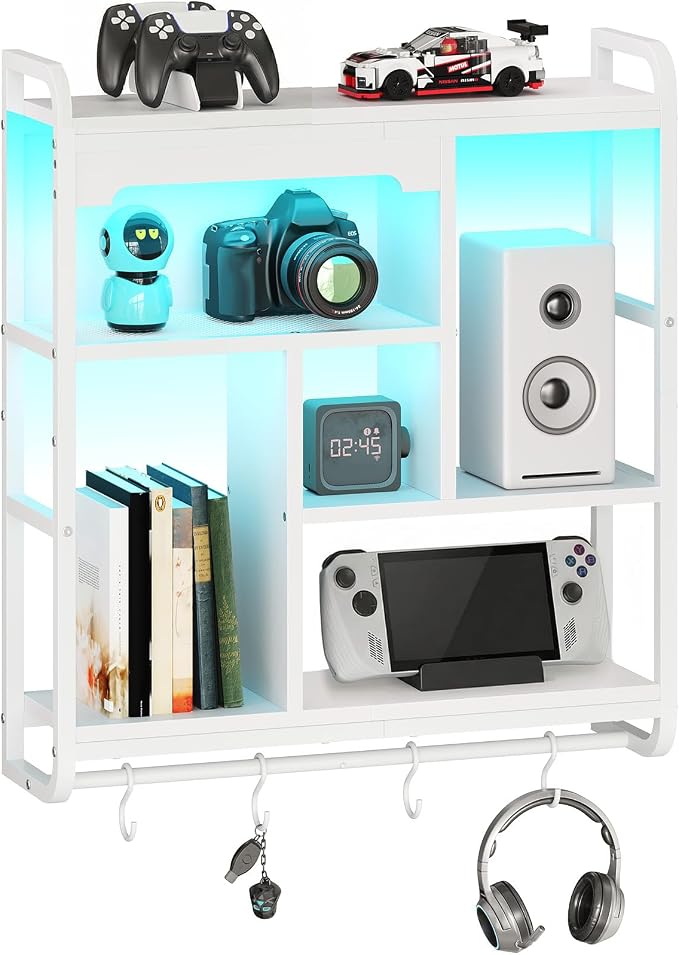 HOOBRO Gaming Floating Shelves with LED Lights, 26.4" LED Wall Mounted Shelf, Modern Corner Shelf 3-Tier Display Rack for Wall Storage, Arched Design, for Kitchen, Living Room, Study, White WT44DBJ01