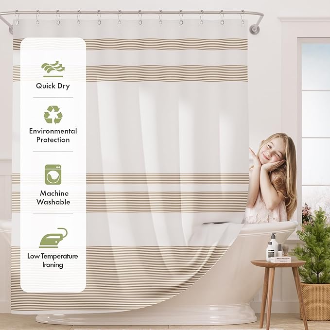 AmazerBath Shower Curtain, 72x72 Washable Cloth Neutral Light Tan Shower Curtain with 12 Hooks, Fabric Khaki and White Striped Set, Farmhouse Bathroom Shower Curtain