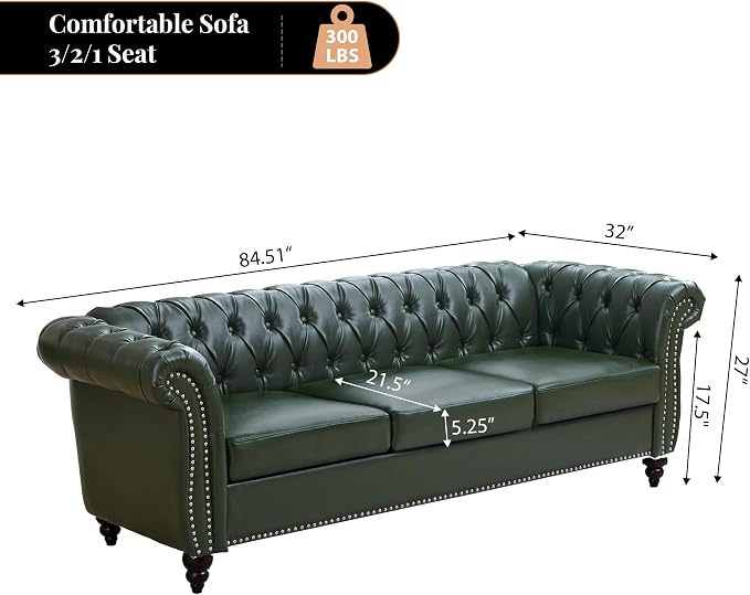 LEVNARY Chesterfield Sofa, 3 Seater Tufted Couch for Living Room, Classic Button Tufted Upholstered Sofa, Modern Mid-Century PU Leather Sofa (Green)