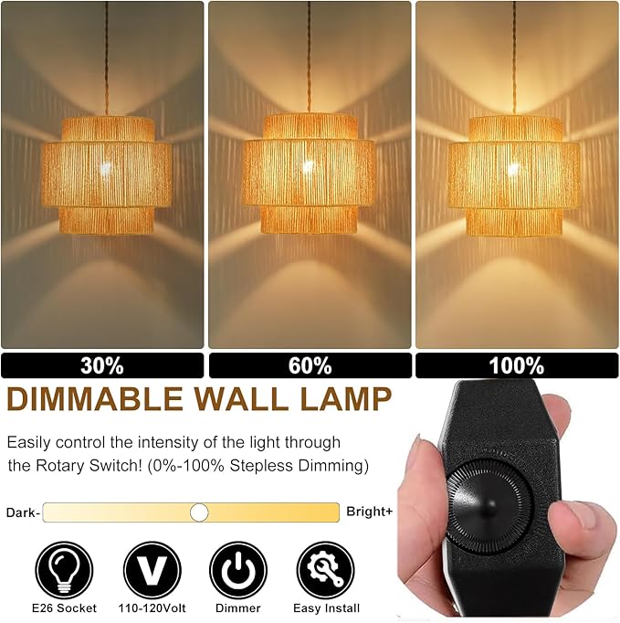 Boho Plug in Pendant Light Dimmable Switch, Wicker Hangings Lights with Plug in Cord 14.7ft Hemp Rope, Rattan Lampshade Hanging Pendant Light, Jute Hanging Lamp for Kitchen Dining Room Bedroom