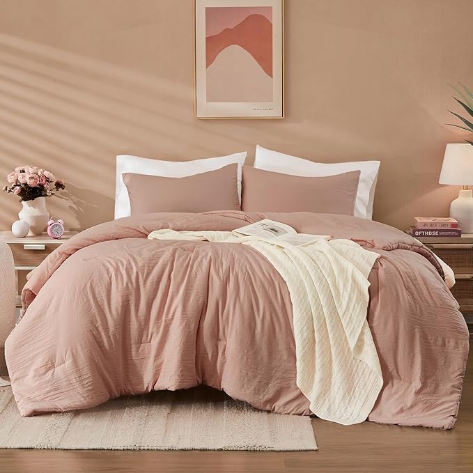 WRENSONGE King Size Comforter Set - 3 Pieces Dusty Pink Comforter Prewashed Soft Lightweight for All Seasons,Fluffy Down Alternative Comforter King Size with 2 Pillow Shams