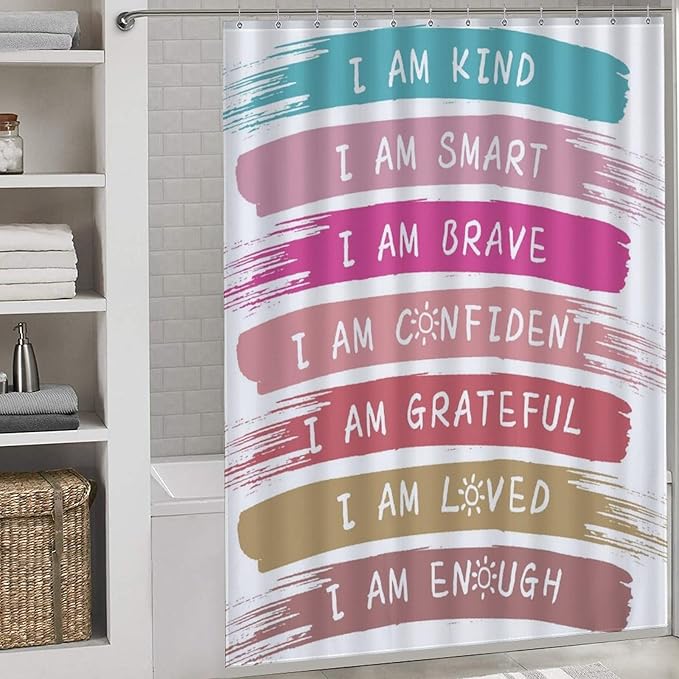 Rainbow Shower Curtain, Kids Girls Baby Boho Cute Inspirational Motivational Quotes Bohemian Cartoon Colorful Pastel Waterproof Fabric Bathroom Shower Curtain Set with Hooks, 72"x72" Inch