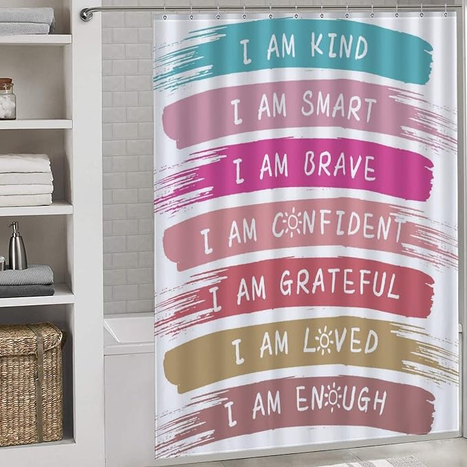 Rainbow Shower Curtain, Kids Girls Baby Boho Cute Inspirational Motivational Quotes Bohemian Cartoon Colorful Pastel Waterproof Fabric Bathroom Shower Curtain Set with Hooks, 72"x78" Inch