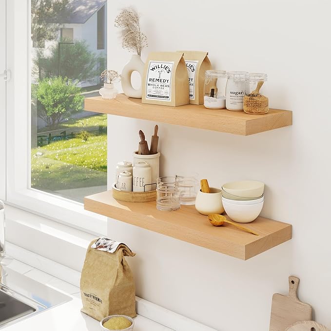 Floating Shelves for Wall, USA-Sourced Beech Wood 24 Inch Wall Shelves Set of 2, Natural Wooden Mounted Picture Ledge Shelf, Nursery Book Storage Shelf Kids Bookshelf Display, Shelf for Bathroom