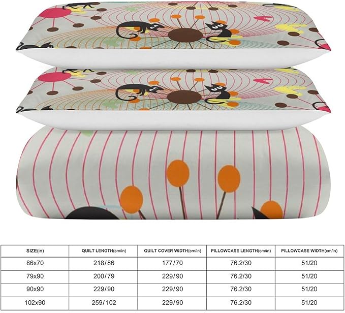 Mid Century Duvet Cover Sets Vintage Black Cat Modern Style Printed Lightweight Soft Quilt Cover Abstract Geometric Minimalist Soft Microfiber 3 Piece (1 Duvet Cover 90x102in + 2 Pillow Sham 20x30in)