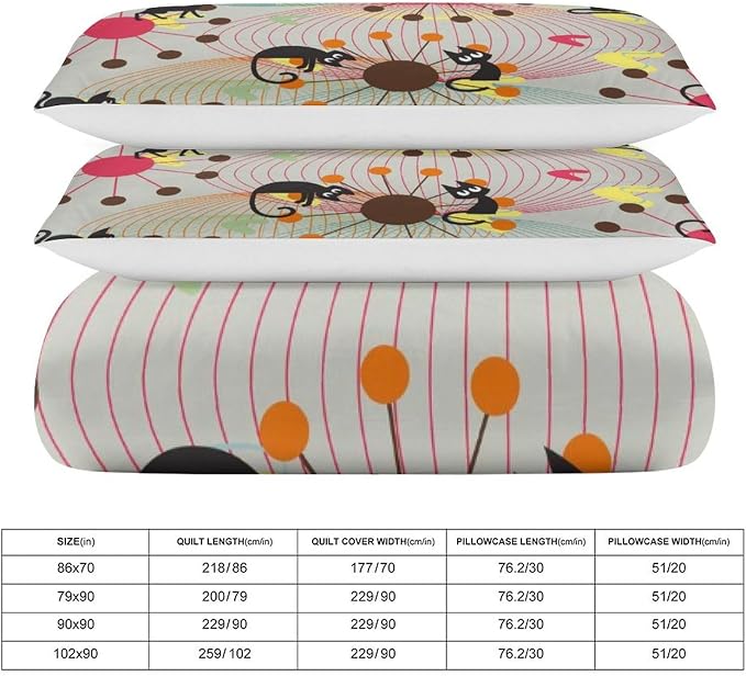 Mid Century Duvet Cover Sets Vintage Black Cat Modern Style Printed Lightweight Soft Quilt Cover Abstract Geometric Minimalist Soft Microfiber 3 Piece (1 Duvet Cover 90x90in + 2 Pillow Sham 20x30in)