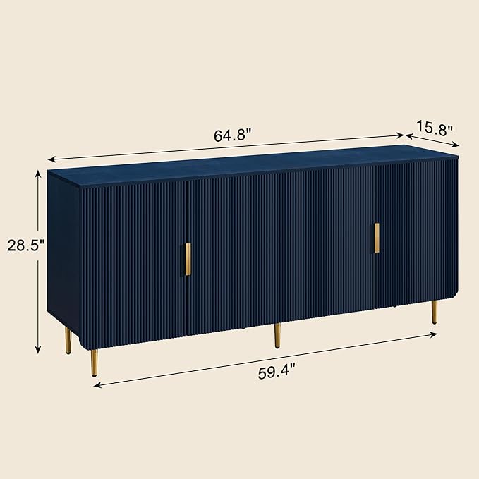 65" Fluted Sideboard Buffet Cabinet with Storage, Console Cabinet with 4 Doors & Adjustable Shelves, Modern Buffet Table for Kitchen Dining Living Room Hallway‌ Entryway, Blue