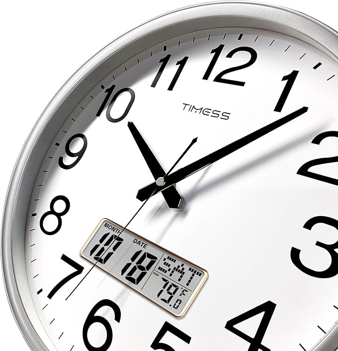 TIMESS Wall Clock, 16 Inch Non-Ticking Silent Battery Operated Quartz Analog with LCD Display for Perpetual Calendar and F° Temperature, Ideal Modern Home, Bedroom, Kitchen, Office Décor (Sliver)