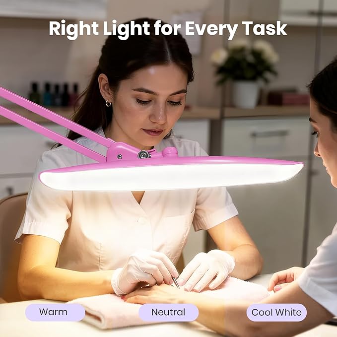 Neatfi XL Nail Desk Lamp with Clamp, 2200 Lumens, 20-Inch Wide Head, Dimmable 4 Levels, 3 Color Modes 3000K–6000K, LED Task Light for Manicure Table, Crafts, Workbench, Office (CCT, Pink)