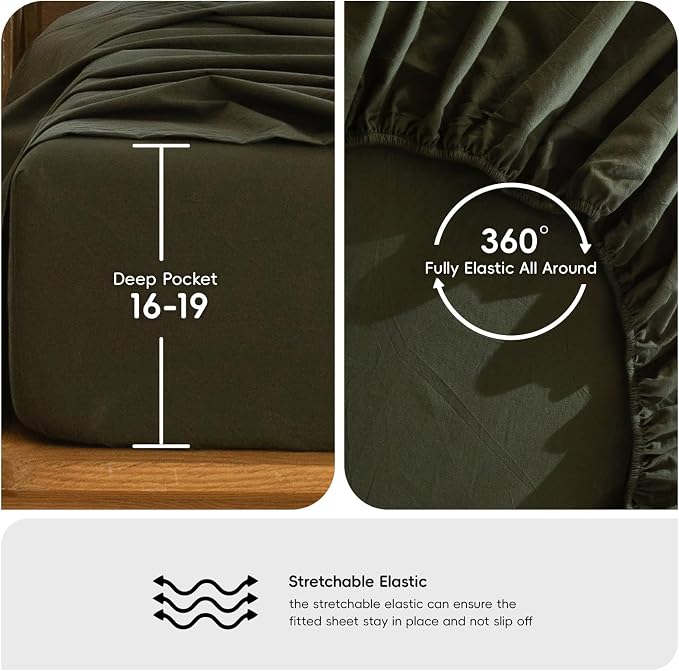 MooMee Bedding Sheet Set 100% Washed Cotton Linen Like Textured Breathable Durable Soft Comfy (Solid Olive Green, Twin)