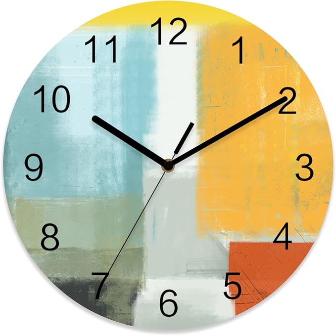 Abstract Painting Art Style Orange Blue Yellow Grey Red Wall Clock Battery Operated Non-Ticking 12" Round Wood Clocks, Kitchen Wall Clock for School Bathroom Living Room Home Office Wall Decor