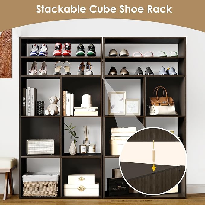 PrimeZone Stackable 6 Cube Storage Organizer: Wood Cubes Shelf Fits Cubby Bins - Square Cubicle Bookshelf with Shoe Rack for Closet Bedroom - Open Storage Shelf for Toy Clothes Book Shoe, Espresso