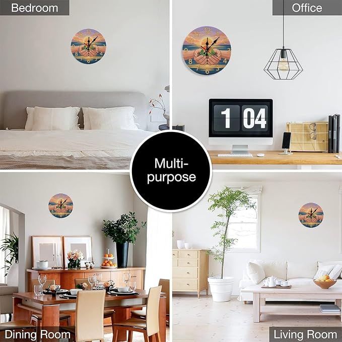 Lovebirds Sunset Ocean Wooden Wall Clock Silent Non Ticking Frameless Battery Operated Home Decor for Living Room, Kitchen, Bedroom, Office & Gift Idea 10/12 inch