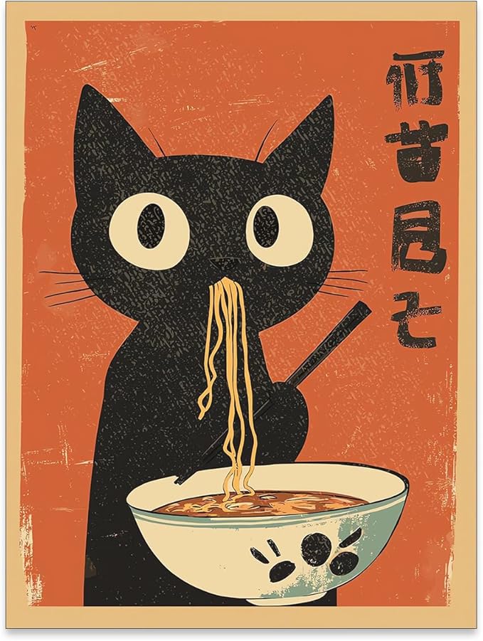 EOLRCIG Funny Black Cat Eat Ramen Noodles Poster Vintage Japanese Kitchen Food Wall Art Whimsical Cute Animal Canvas Prints for Restaurant Wall Decor 08x10 inch Unframed