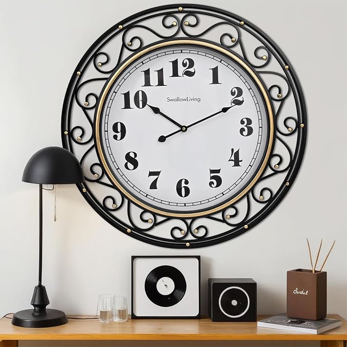 SwallowLiving 24 Inch Vintage Iron Metal Frame Wall Clock Silent, Battery Operated, Elegant Retro Decor for Living Room, Kitchen, Office, Dining Room, and Bedroom