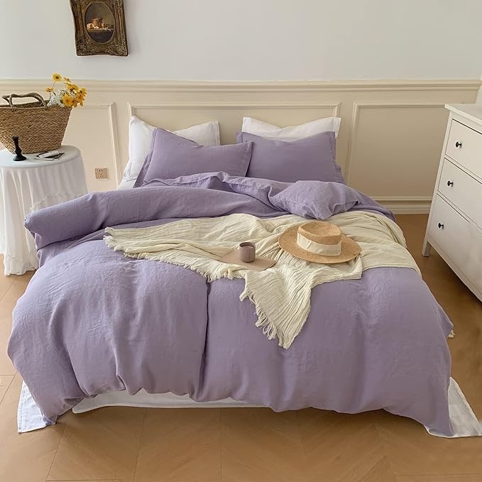 Simple&Opulence 100% Linen Duvet Cover Set, 3 PCS Natural French Flax Lilac Duvet Cover Queen Size, Breathable Soft Comfy Linen Bedding Comforter Cover with 2 Pillowcases(Lilac, 88"x92")