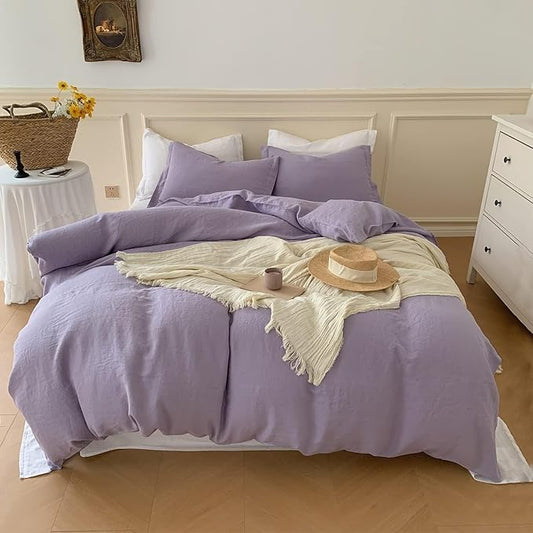 Simple&Opulence 100% Linen Duvet Cover Set, 3 PCS Natural French Flax Lilac Duvet Cover Queen Size, Breathable Soft Comfy Linen Bedding Comforter Cover with 2 Pillowcases(Lilac, 88"x92")