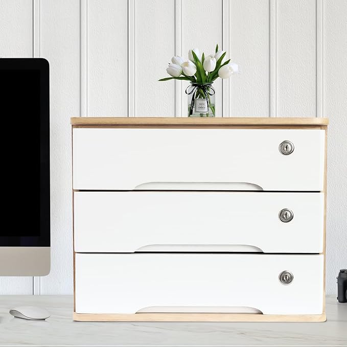 Desktop File Organizer with Lock, 2/3/4 Tier Multi-Drawer Wooden Storage Cabinet, Office Supply Organizer for Home Desk, Study & Workplace (Natural + White, 3 Layers)