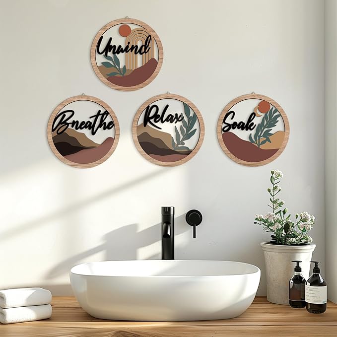 HPNIUB 4 Pcs Boho Bathroom Wall Decor with Relax Soak Unwind Breathe Relaxing Quotes Bohemian Wooden Hanging Wood Sign, Farmhouse Abstract Leaf Wall Art Decoration for Bedroom Living Room Office(10''x10'')