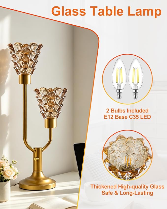 Lightdot Vintage Gold Table Lamp for Bedroom Dimmable Mid Century Modern Desk Lamp Amber Glass Nightstand Lamp 2 Bulbs Included Warmwhite Ambient Bedside Lamps for Living Room Home Office Decor Gift