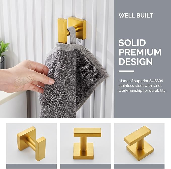 Angle Simple Towel Hook for Bathroom, SUS304 Stainless Steel Robe Coat Hook for Wall, Hand Towel Holder, Brushed Dark Gold