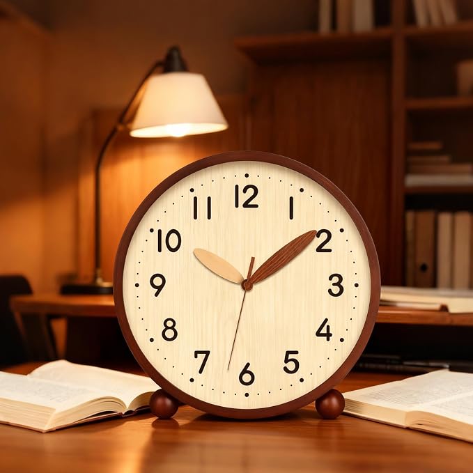 Maxspace Wooden Table Clock,8in Silent Non-Ticking Desk Clock,Battery Operated Desktop Analog Clock for Living Room Bedroom Kitchen Office Classroom Decor (Walnut - Log)