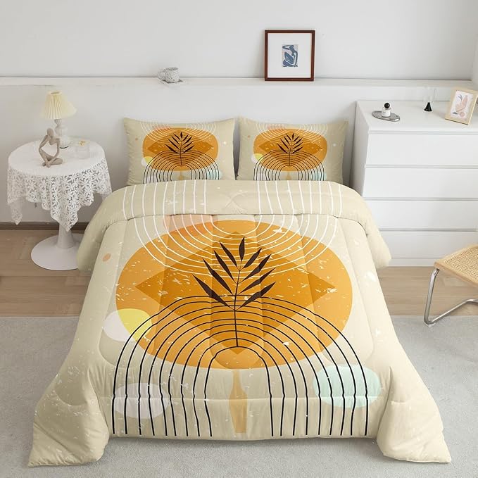 Erosebridal Geometric Stripe Bedding King Retro Aesthetic Comforter Set, Beige Minimalism Duvet Insert Modern Artwork Down Comforter, Mid Century Bedding Comforter Sets with 2 Pillowcase Super Cozy
