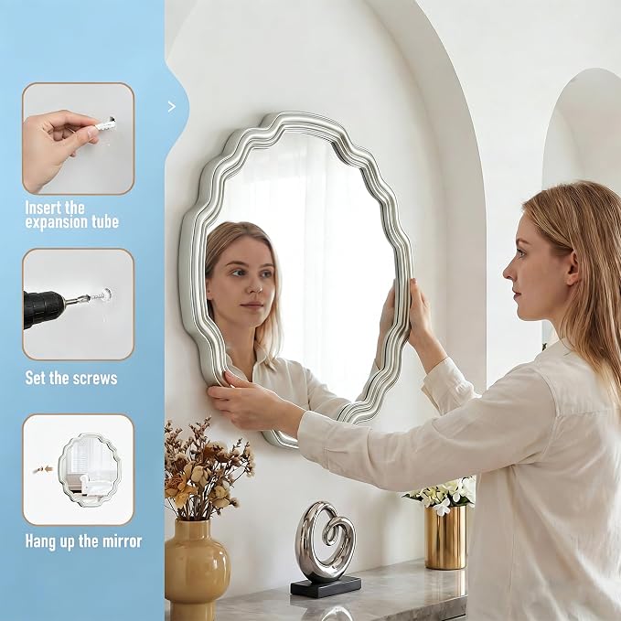 Sliver Scalloped Mirrors Round Mirrors for Wall Decor Wavy Mirror 25.6 Inch for Living Room Bedroom Hallway Dining Room