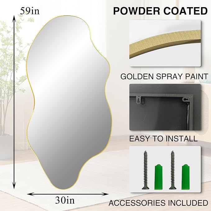 Large Irregular Mirror, 59"x30" Gold Asymmetrical Frameless Mirror Full Length, Organic Shape Wall Mirrors for Entryway Living Room Bedroom Hallway, Hangs Vertically or Horizontally