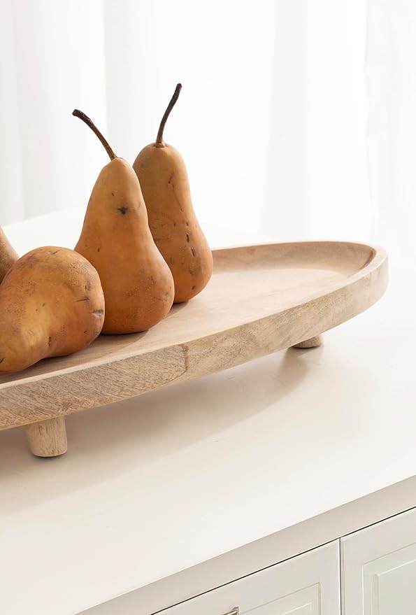 Kate and Laurel Tomaz Modern Decorative Mango Wood Oval Footed Tray, 23 x 7, Light Natural, Transitional Food-Safe Wooden Coffee Table Tray with Elevated Design and Unique Oval Shape