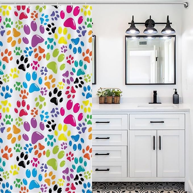 Dog Print Shower Curtain Cute Colorful Dogs Paws Duty Fabric Shower Curtains Set Bathroom Polyester Waterproof with 12 Hooks, 55x72Inch（140x183cm）