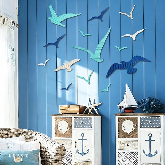 Meching 14Pcs Wooden Seagull Wall Decor, Nautical Coastal Theme Beach Wall Art, Self-Adhesive Sea Birds Ocean Sculpture Vintage Ornaments for Home Living Room Kitchen Bathroom Bedroom Office
