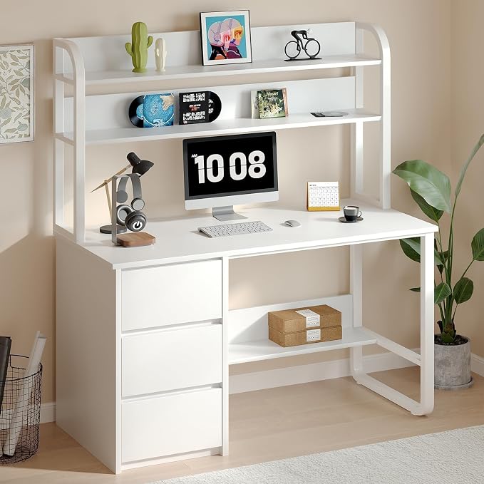 MaverickFurni White Desk with Hutch, 47 Inch Computer Desk with 3 Drawers for Bedroom, Study Writing Desk with Shelves for Small Spaces, Adjustable Feet