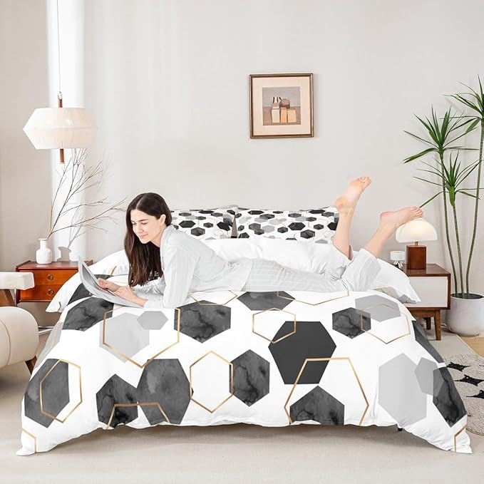 Erosebridal Black and Grey Duvet Cover for Bedroom - Marbling Geometric Art Kids Bedding, Minimalist Abstract Golden Striped Bed Sets for Home Decor, King 3 Pieces (No Comforter)