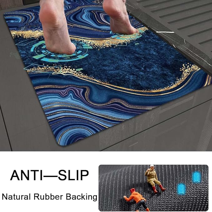 Bath Mat Rug,Dark Blue Gold Marble Non Slip Quick Dry Super Absorbent Thin Bathroom Rugs Fit Under Door-Easy to Clean Bathroom Floor Mats-Shower Rug for Shower Sink Bathtub(20" x 31"in)