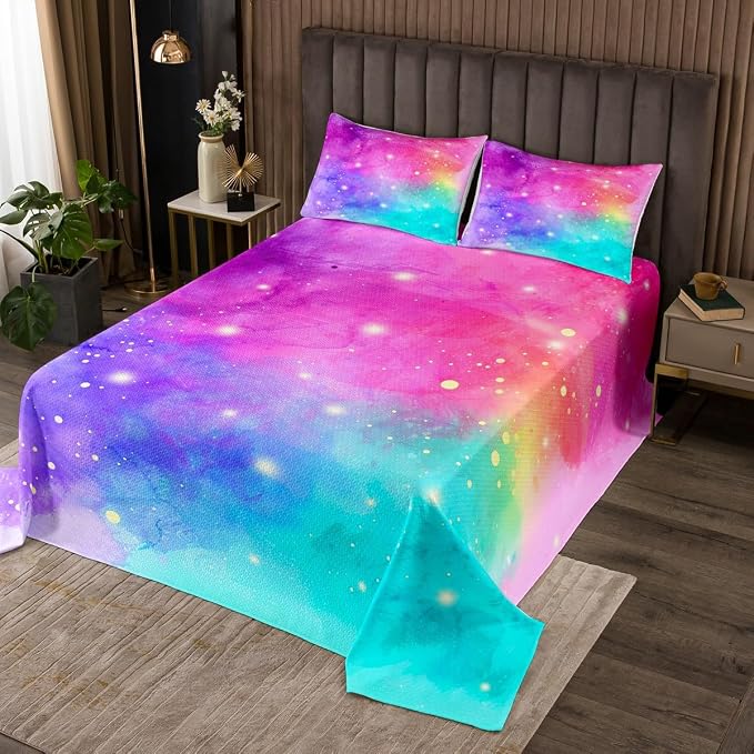Erosebridal Rainbow Galaxy Coverlet Twin Size Pink Purple Blue Teal Bedding Set, Psychedelic Stars Bedspread Set Colorful Tie Dye Quilt Set, Grunge Ombre Gradient Bed Set Girly Room Decor 2pcs
