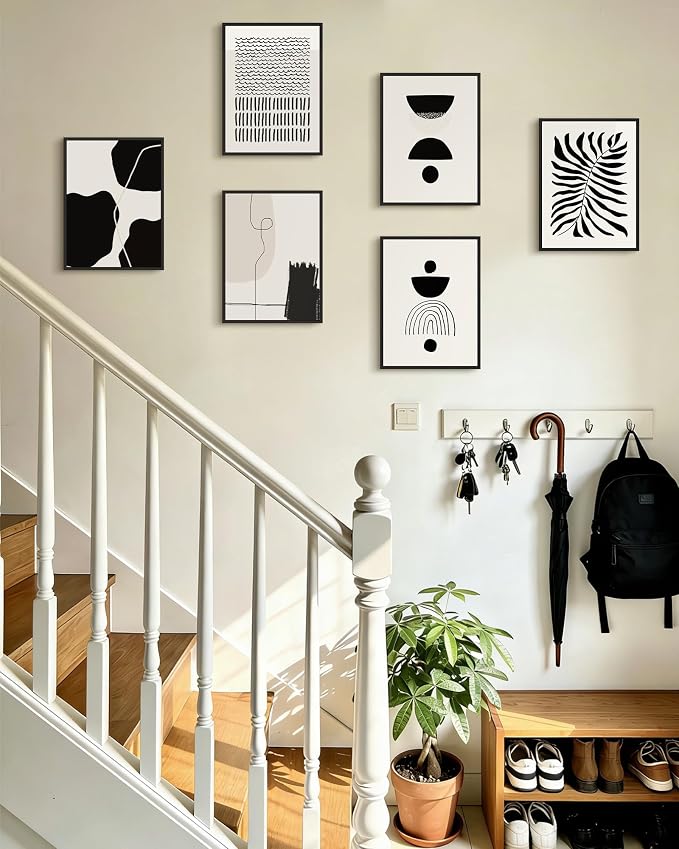 KUVIOKE Black Abstract Framed Wall Art Boho Room Decor Set of 6 Minimalist Geometric Line Art Bohemian Mid Century Modern Prints for Bedroom Living Room 11x14in (Black Framed)