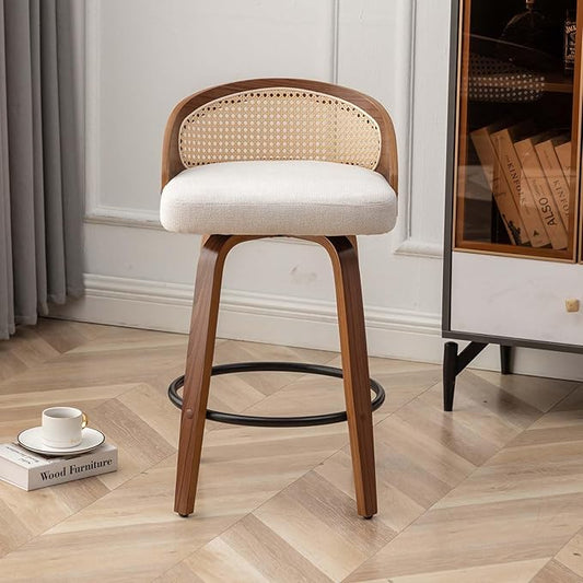 26" Swivel Rattan Bar Stools Mid-Century Modern Beige Linen Fabric Upholstered Counter Height Stools,Kitchen Island Barstools with Rattan Low Backrest,Walnut Wood Finish Bar Chair,1PCS